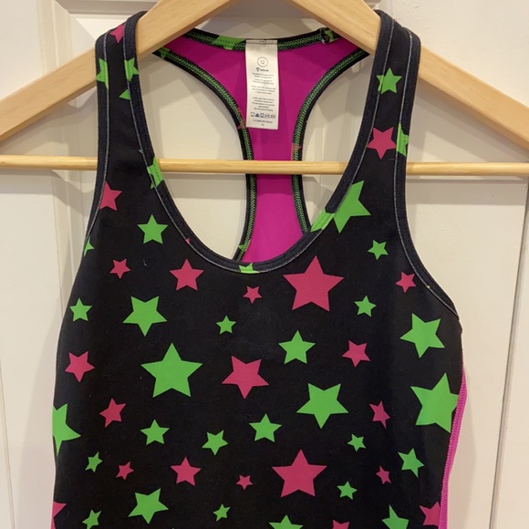 Ivivva Black Racerback Tank Top with Lime Green & Fuchsia Stars - Picture 2 of 5